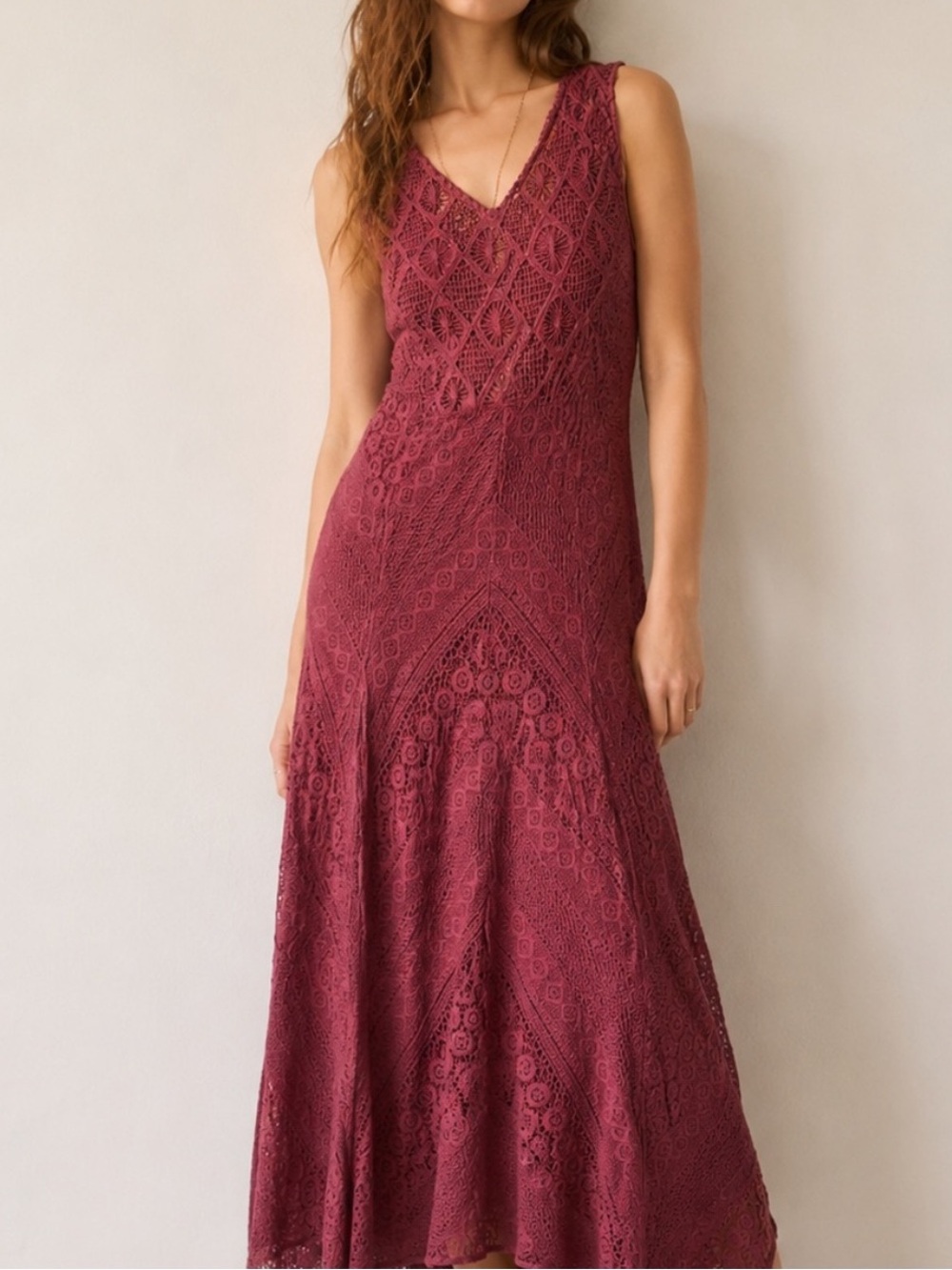 Vtg Studio West Red Burgundy Crochet Lace Sleeveless Lined Maxi Boho Dress